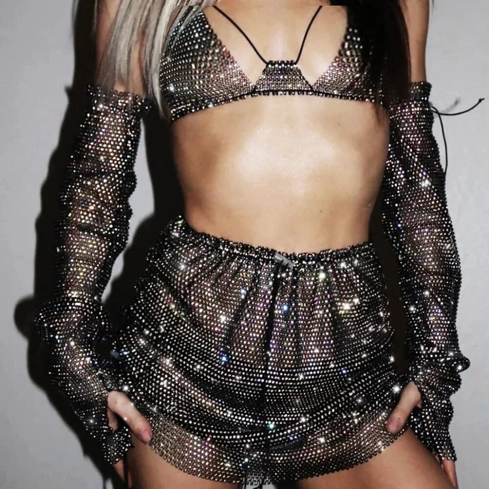 Rhinestone Fingerless Stretch Fishnet Elbow Gloves Party Rave Bling Costume